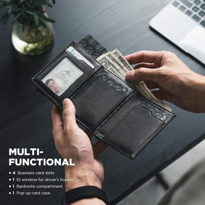 VULKIT محفظة بطاقات منبثقة - محفظة نقدية بسيطة مع حماية RFID من الجلد لحامل بطاقات الائتمان الذكي مع نافذة هوية للرجال - Image 3